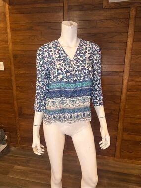 Esprit Teal, Blue and White Floral V-Neck Blouse
